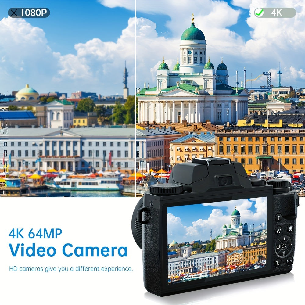 64MP 4K Vlogging Camera Pro - Dual Cameras, 16x Digital Zoom, WiFi, Touch Screen, 32GB SD Card, Camera Bag - High-Definition Photography and Video Recording Companion